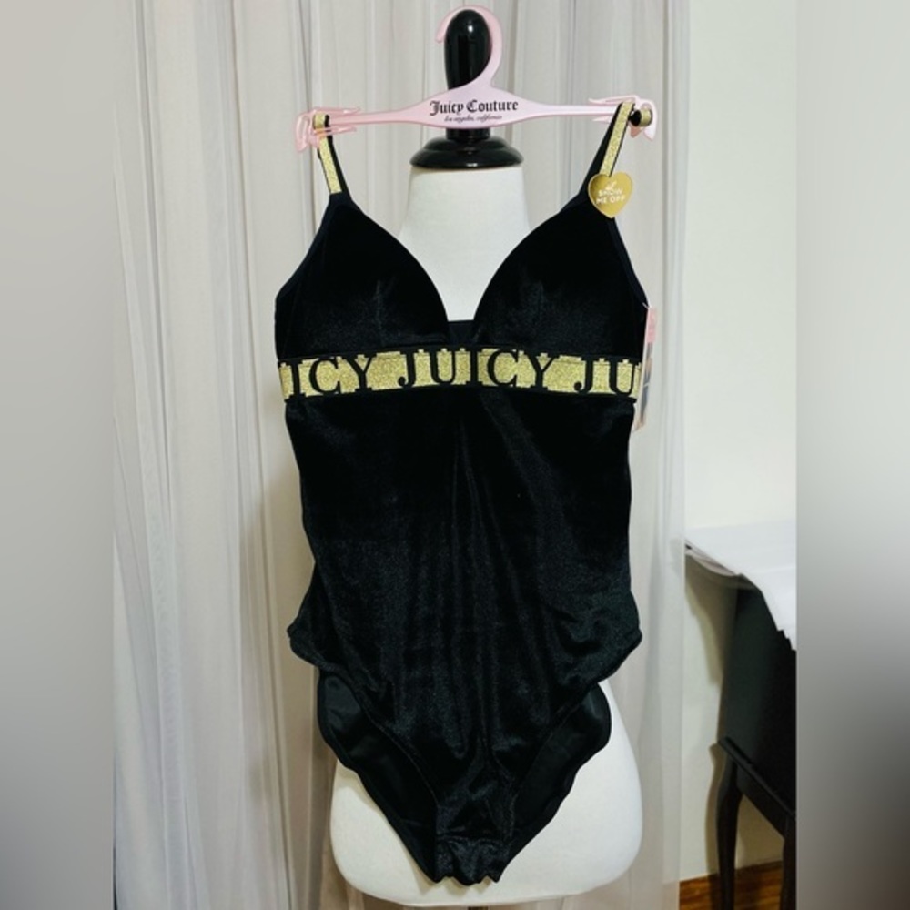 New Juicy Couture Intimates black velvet gold cami bodysuit small